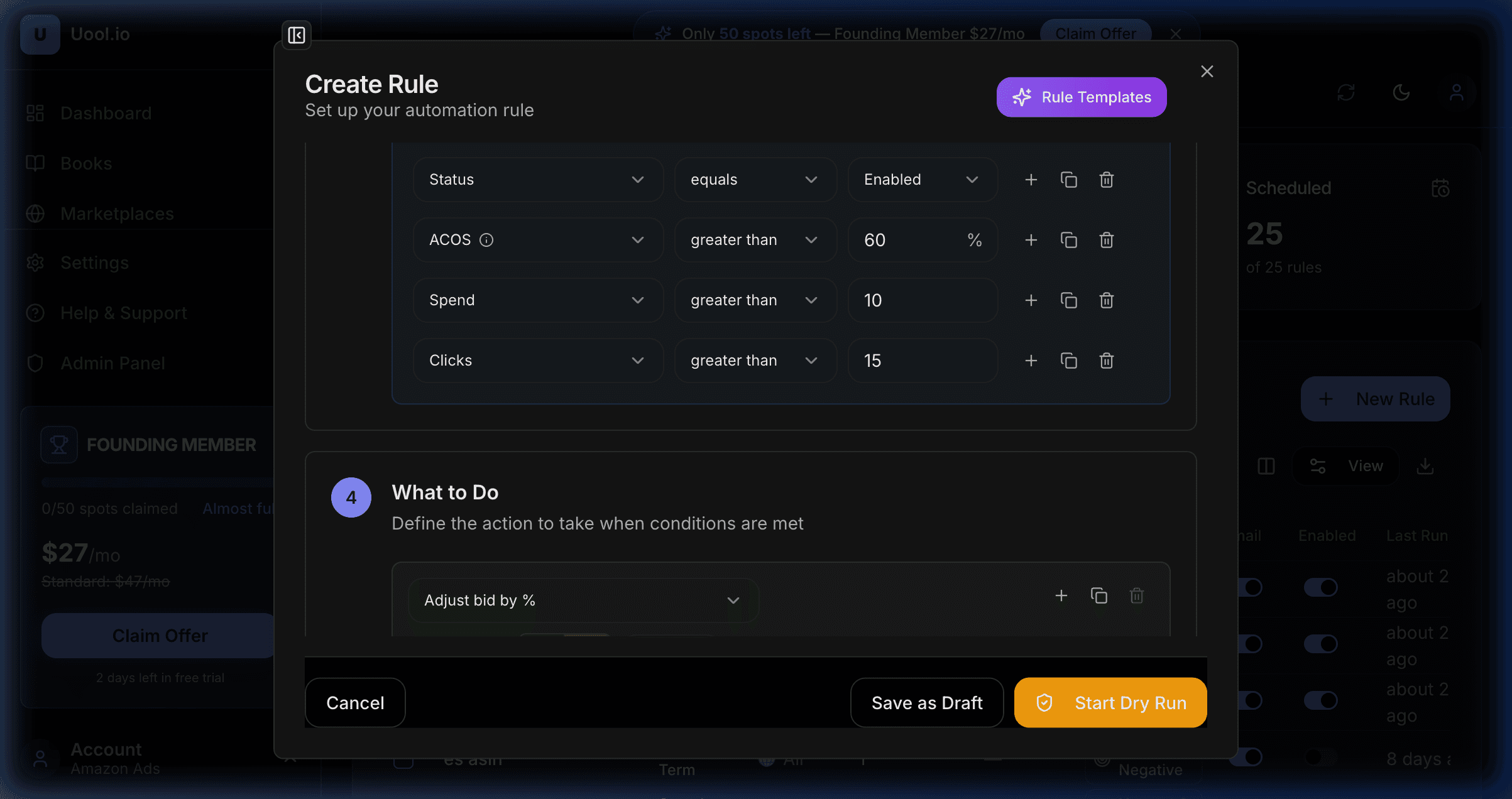 Automation rule builder showing bid adjustment conditions and actions