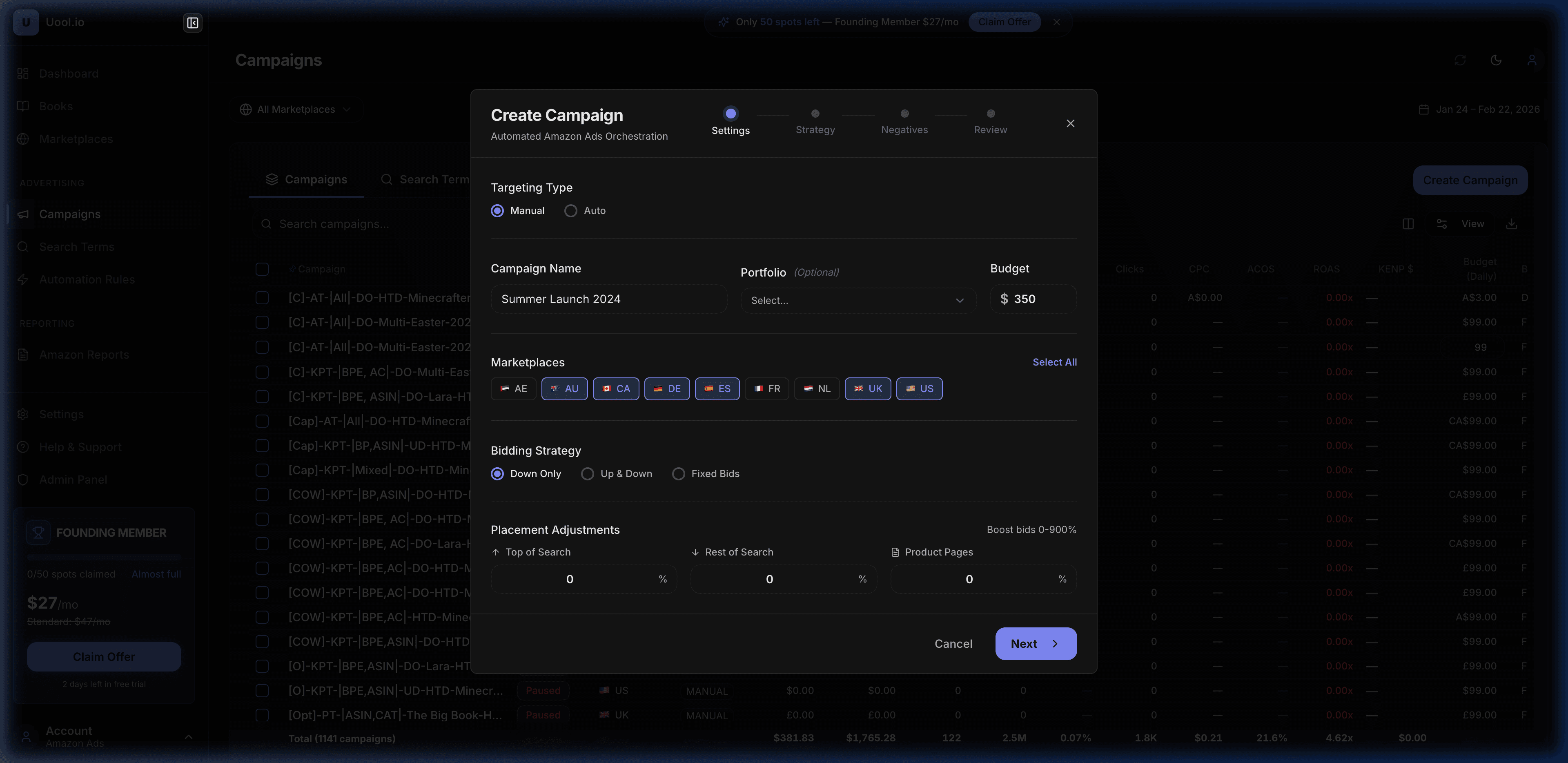 Campaign creation wizard showing marketplace selection and keyword targeting