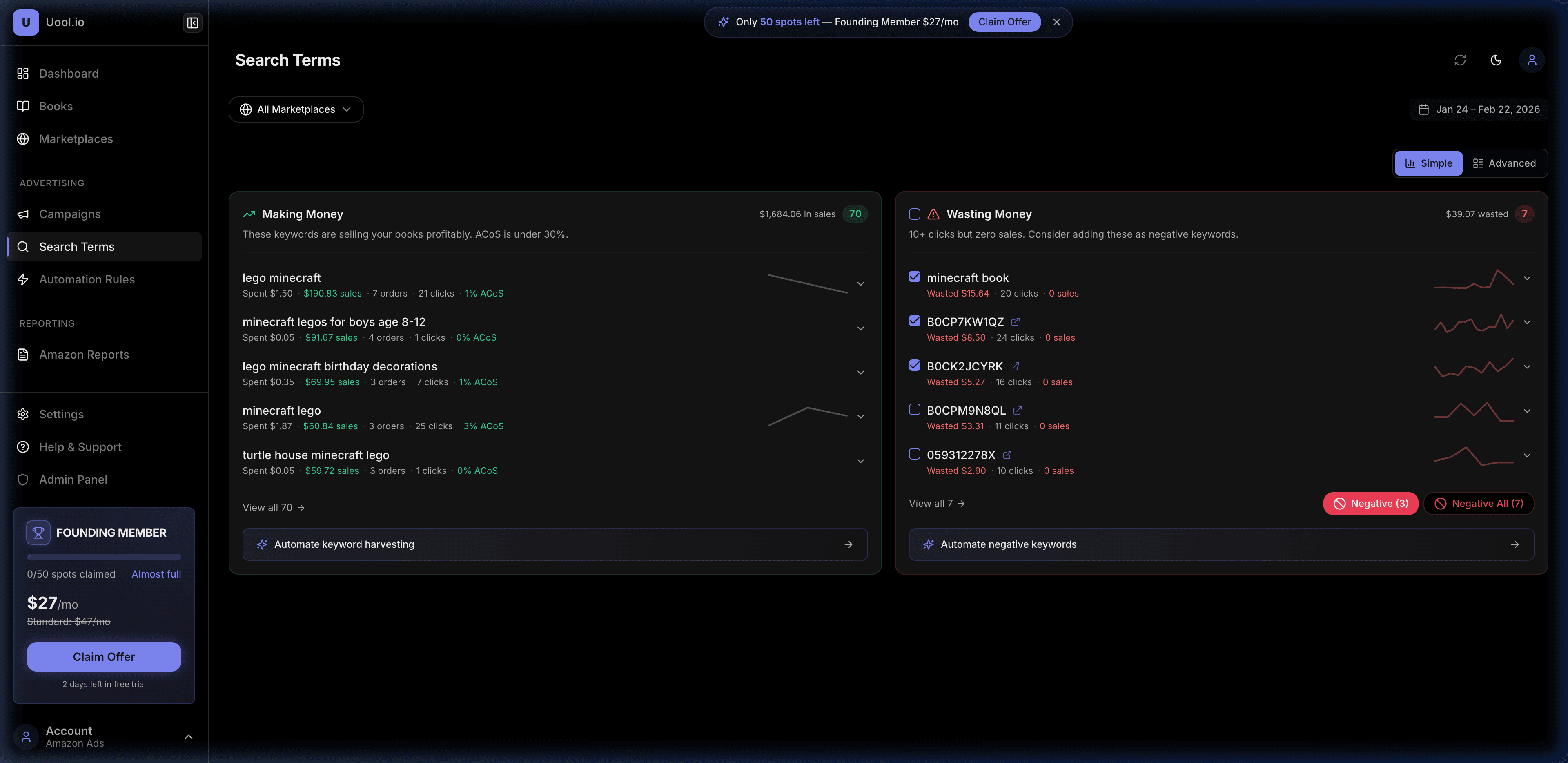 Search term analytics showing winning and wasting keywords with color-coded rows