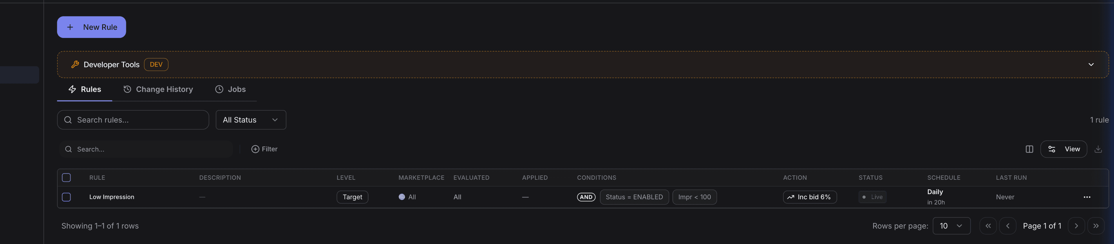 Automation rules engine showing active rules with conditions and actions
